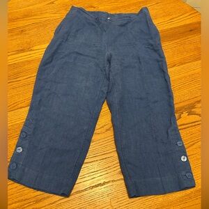 Chico's 100% Linen Indigo Elastic Waist Straight Leg Cropped Capri Pants